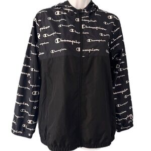 Champion Windbreaker Jacket Hooded Women LG All Over Logo Black White Full Zip